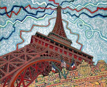 Artistic painting of the Eiffel Tower with swirling sky patterns.