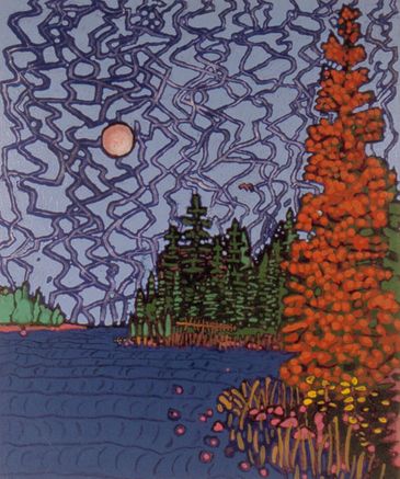 A colorful abstract landscape with a moonlit sky and trees along a lake.