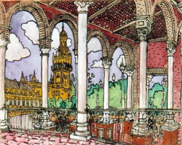 A painting of detailed arches in Seville, Spain.