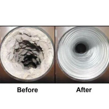 Picture of a dryer vent before and after a dryer vent cleaning. 