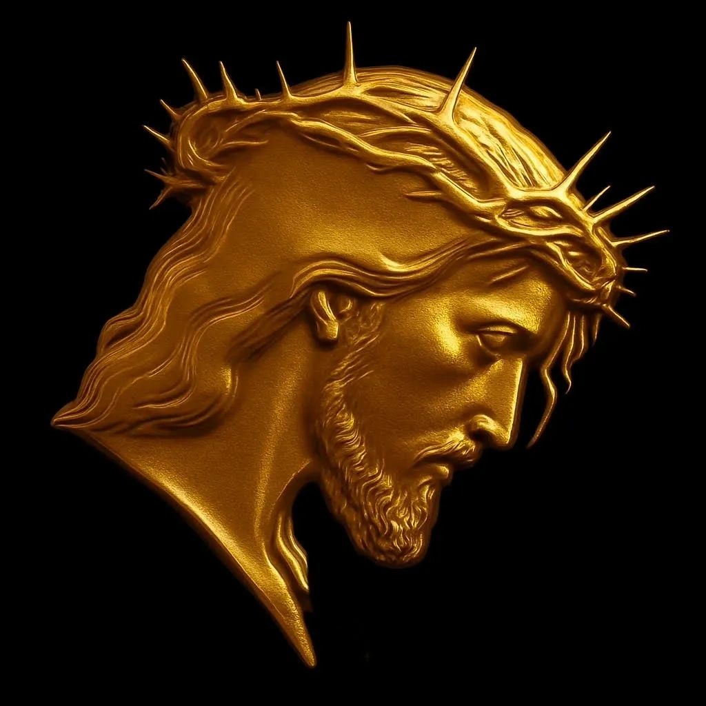 Golden sculpture of Jesus Christ with a crown of thorns on black background.