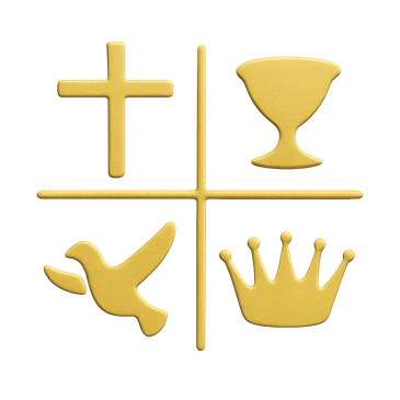 Gold religious symbols: cross, chalice, dove, and crown separated by a cross.