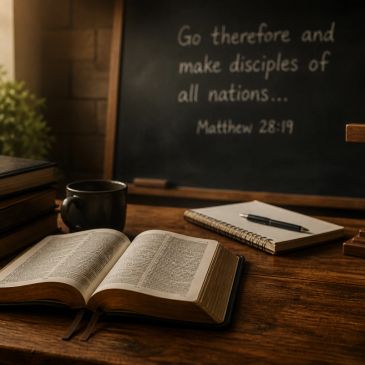 Open Bible, wooden cross, and chalkboard with Matthew 28:19 verse on a wooden table.