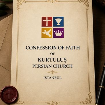 Elegant document titled 'Confession of Faith of Kurtuluş Persian Church Istanbul' with religious symbols.
