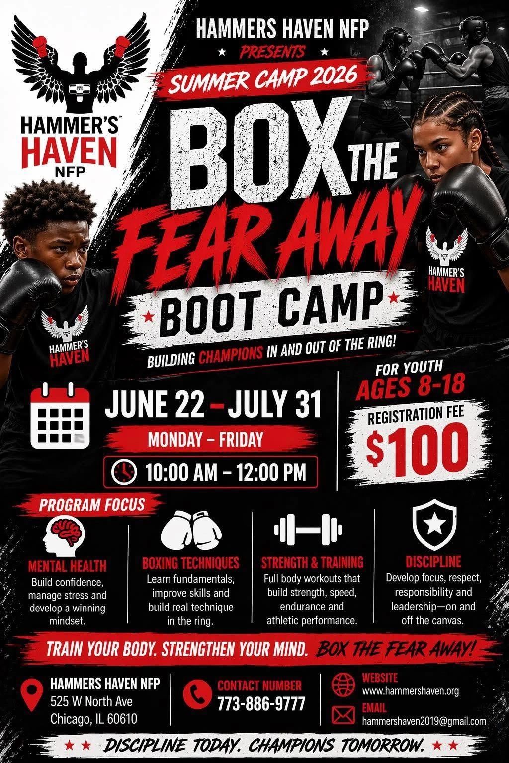 Box the Fear Away Summer Camp 2026 by Hammers Haven for youth ages 8-18 with focus on mental health, boxing, strength, and discipline.