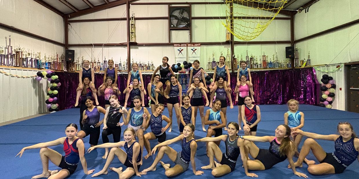 Group of young gymnasts posing in a gymnasium.