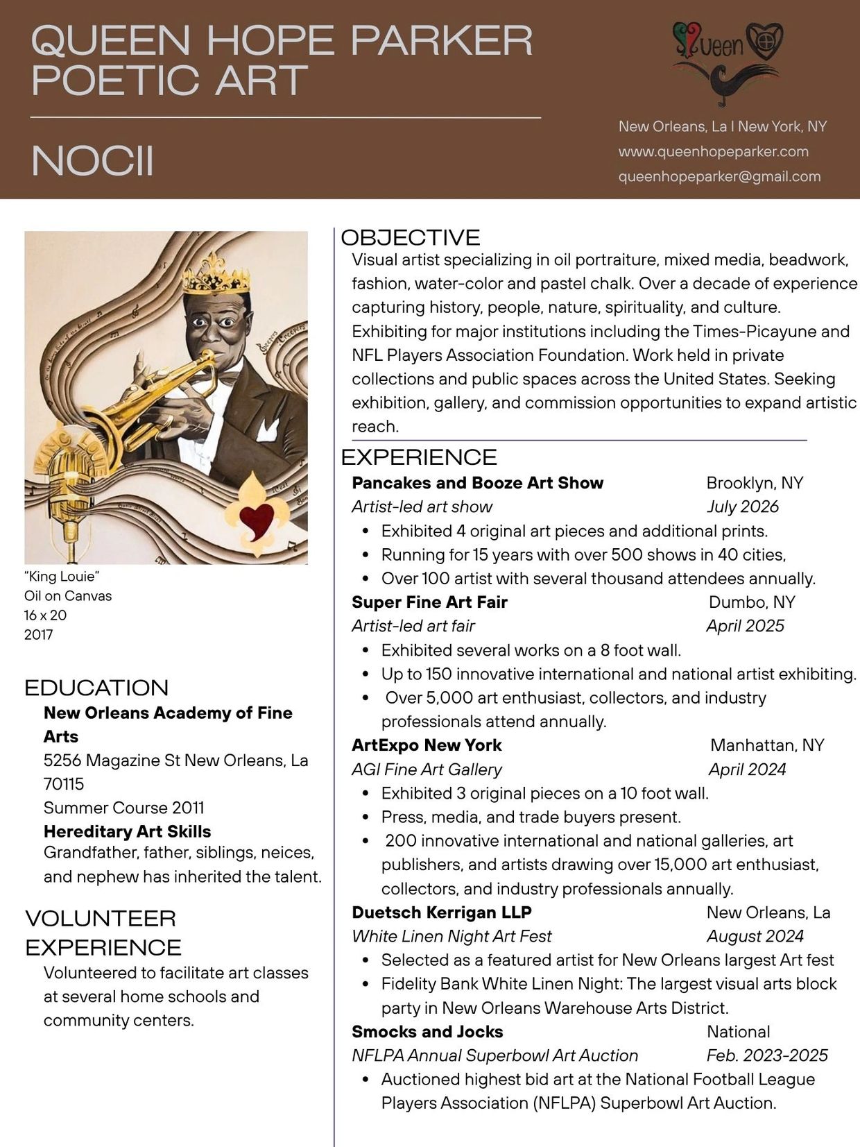 Artist resume for Queen Hope Parker specializing in diverse visual arts and exhibitions.