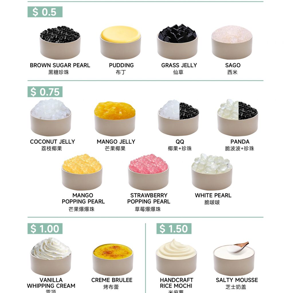 Various dessert toppings with prices from $0.5 to $1.5.