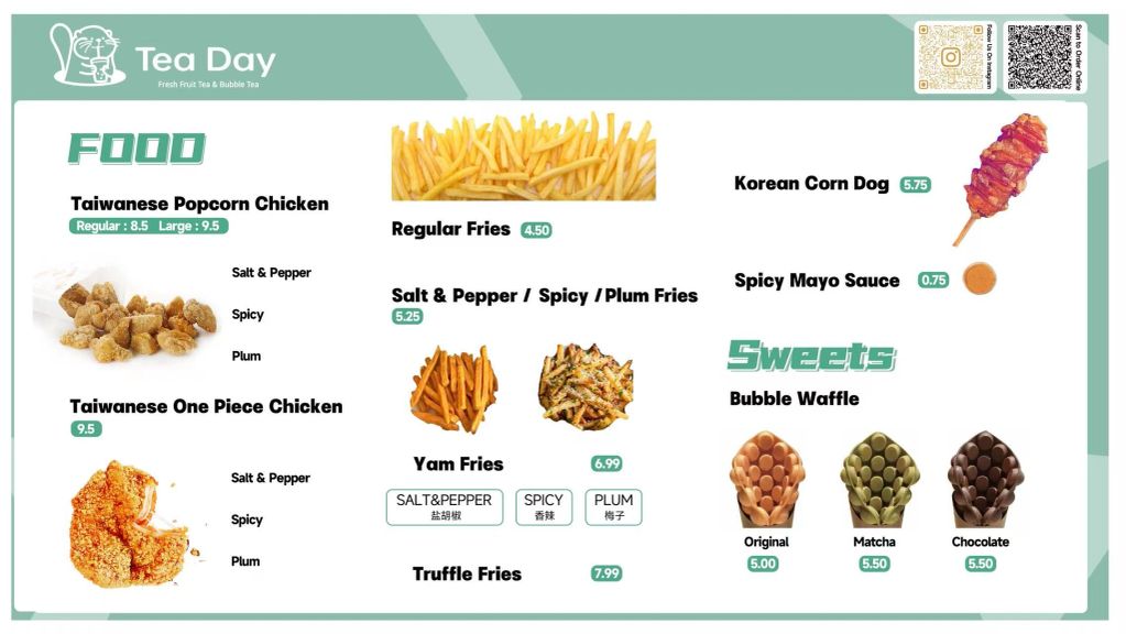 Menu featuring Taiwanese chicken, fries, Korean corn dog, and bubble waffles.