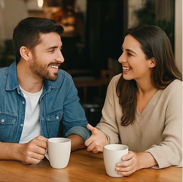 A man and woman smiling and chatting over coffee.
