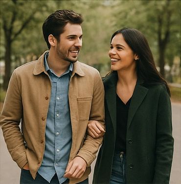 A smiling couple walking arm in arm outdoors in autumn.