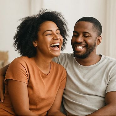Happy couple sharing a joyful moment together indoors.