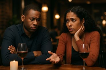 Couple having a serious conversation over wine in a dimly lit restaurant.