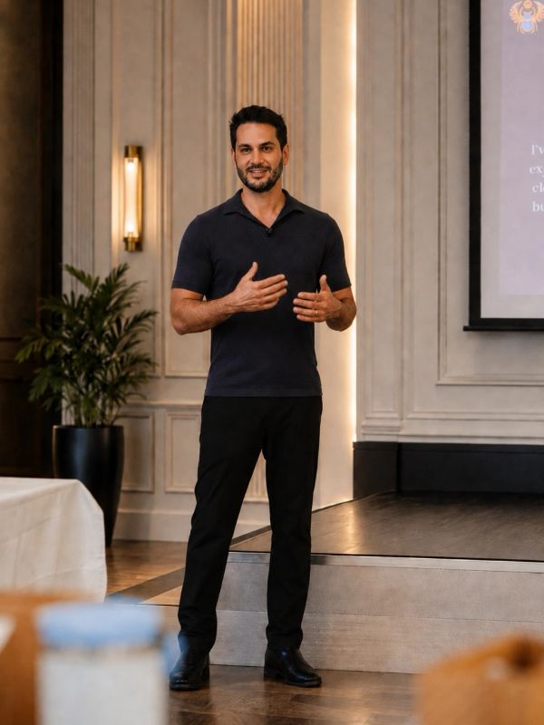 Man giving a presentation in a stylish room.
