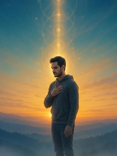 A man meditates at sunset with glowing spiritual energy above him.