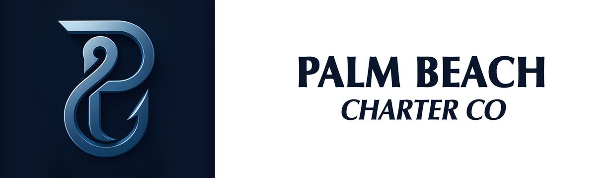Stylish logo for Palm Beach Charter Co featuring a sleek blue seahorse design.