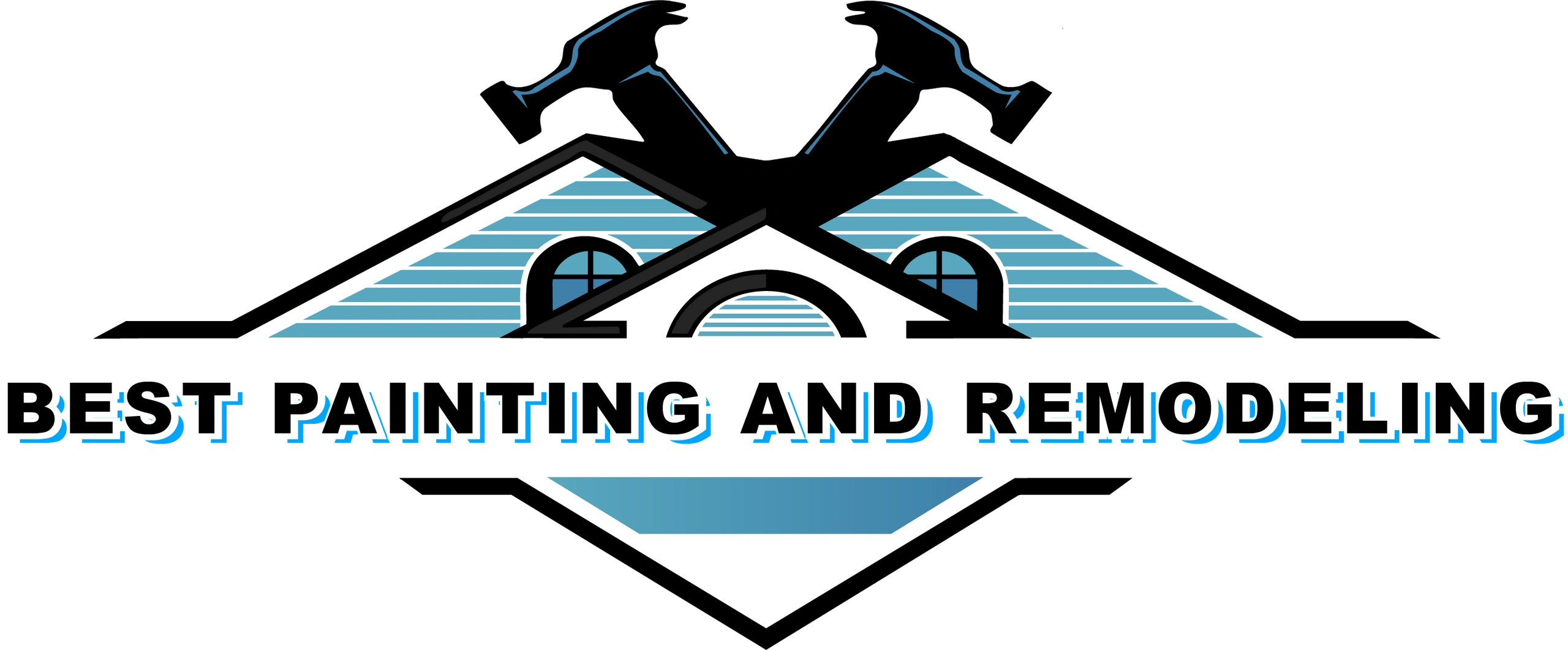 Logo with house roofs and hammers for Best Painting and Remodeling.