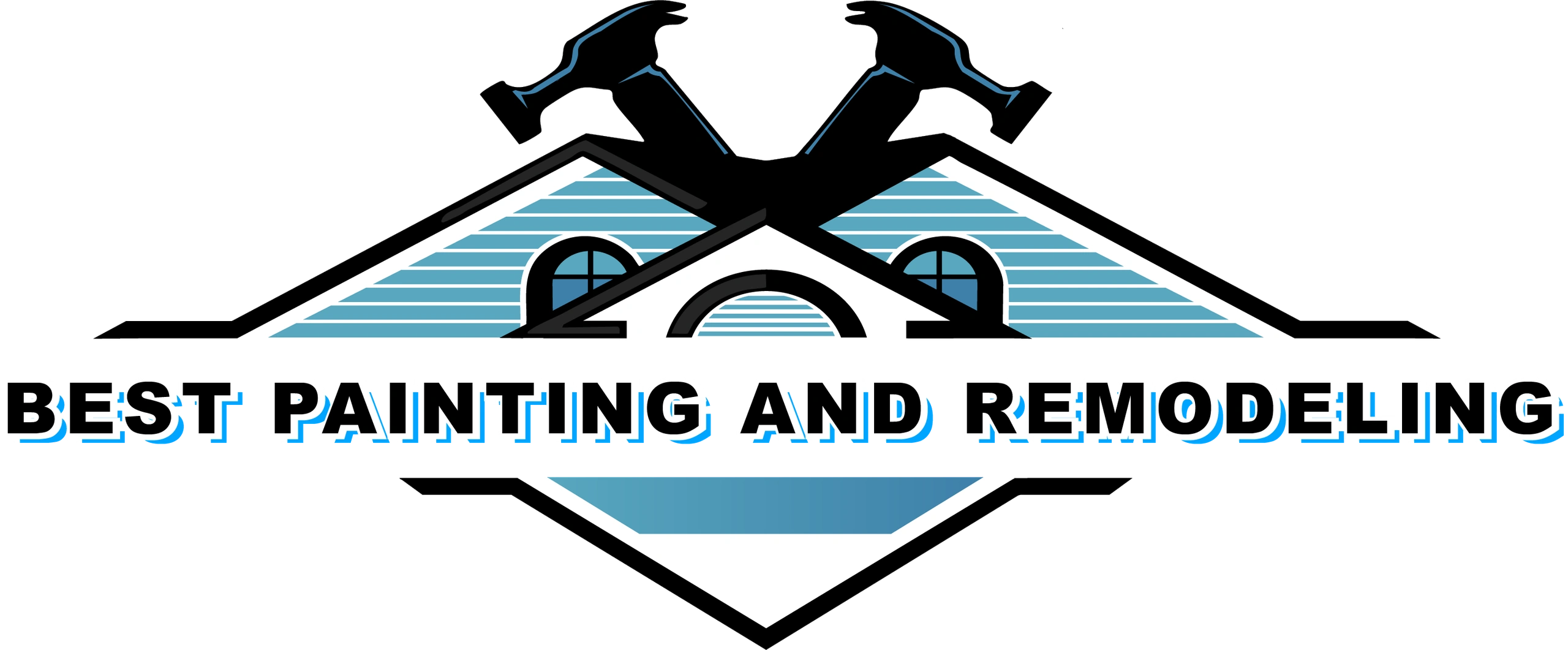 Logo with house roofs and hammers for Best Painting and Remodeling.