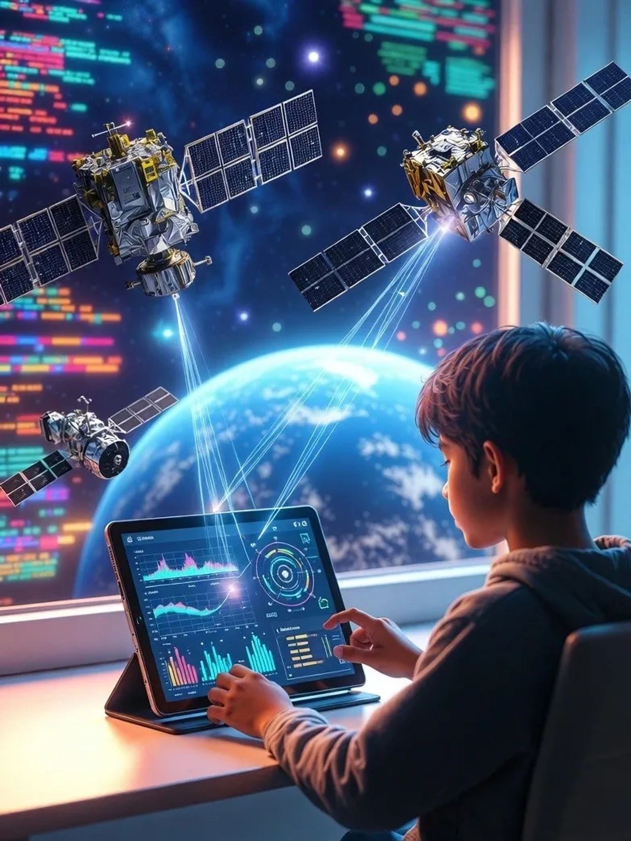 A boy monitors satellite data on a tablet with Earth and satellites in the background.