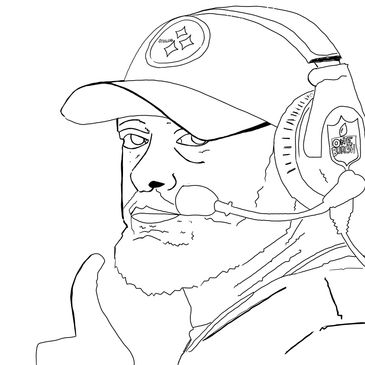 The image is a drawing of Mike Tomlin head Coach of The Pittsburgh Steelers done in a line style 