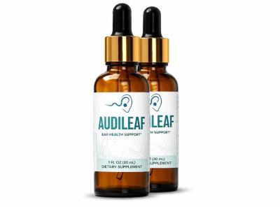 Two amber dropper bottles labeled Audileaf ear health support.