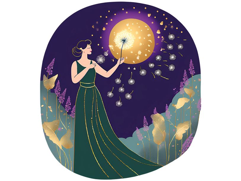 Elegant woman in green dress blowing dandelion seeds under a glowing golden moon.