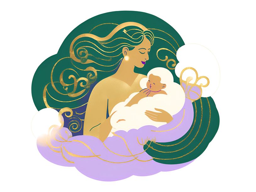 Elegant illustration of a mother tenderly holding her baby surrounded by decorative swirls.