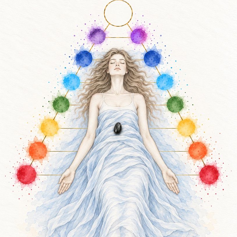 Woman lying peacefully with colorful chakra stones.