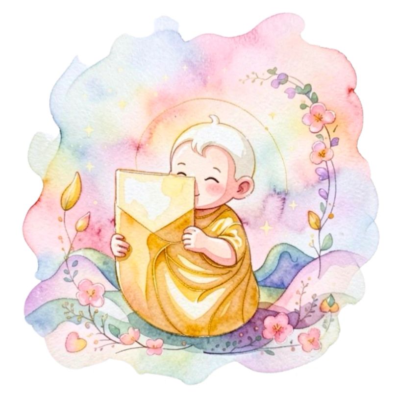 Cute baby monk hugging a large golden envelope surrounded by pastel flowers.