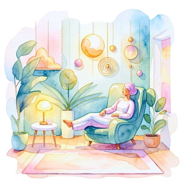 A woman relaxing in a cozy, plant-filled room with soft lighting.