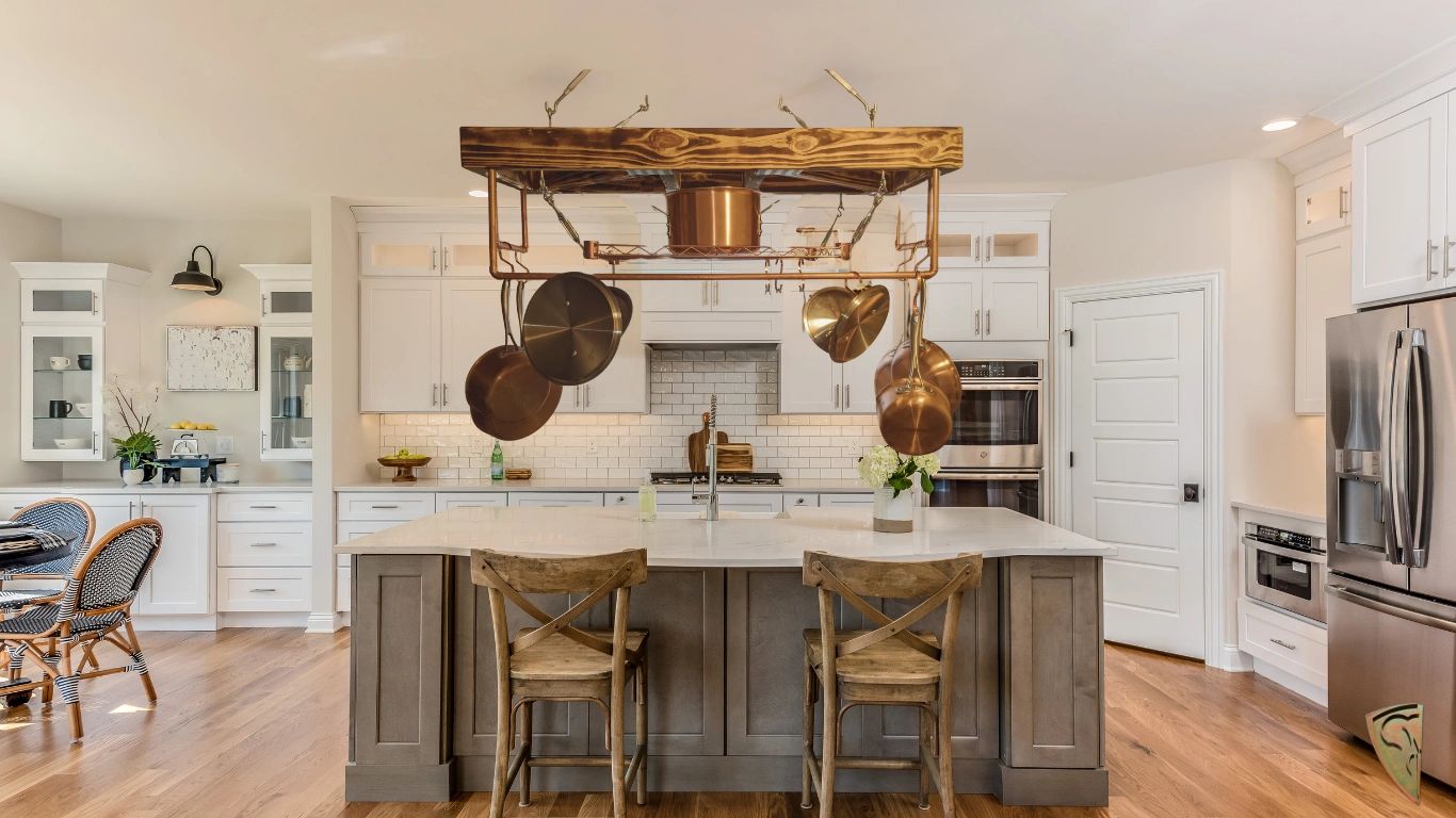 Handmade torched wood pot rack with copper accents. Rustic elegance that combines style with functio