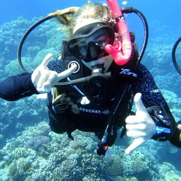 Zara scuba diving in the Red Sea, Egypt.