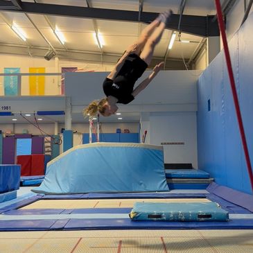 Zara performing a straight birani on a trampoline at Tolworth Gymnastics Club