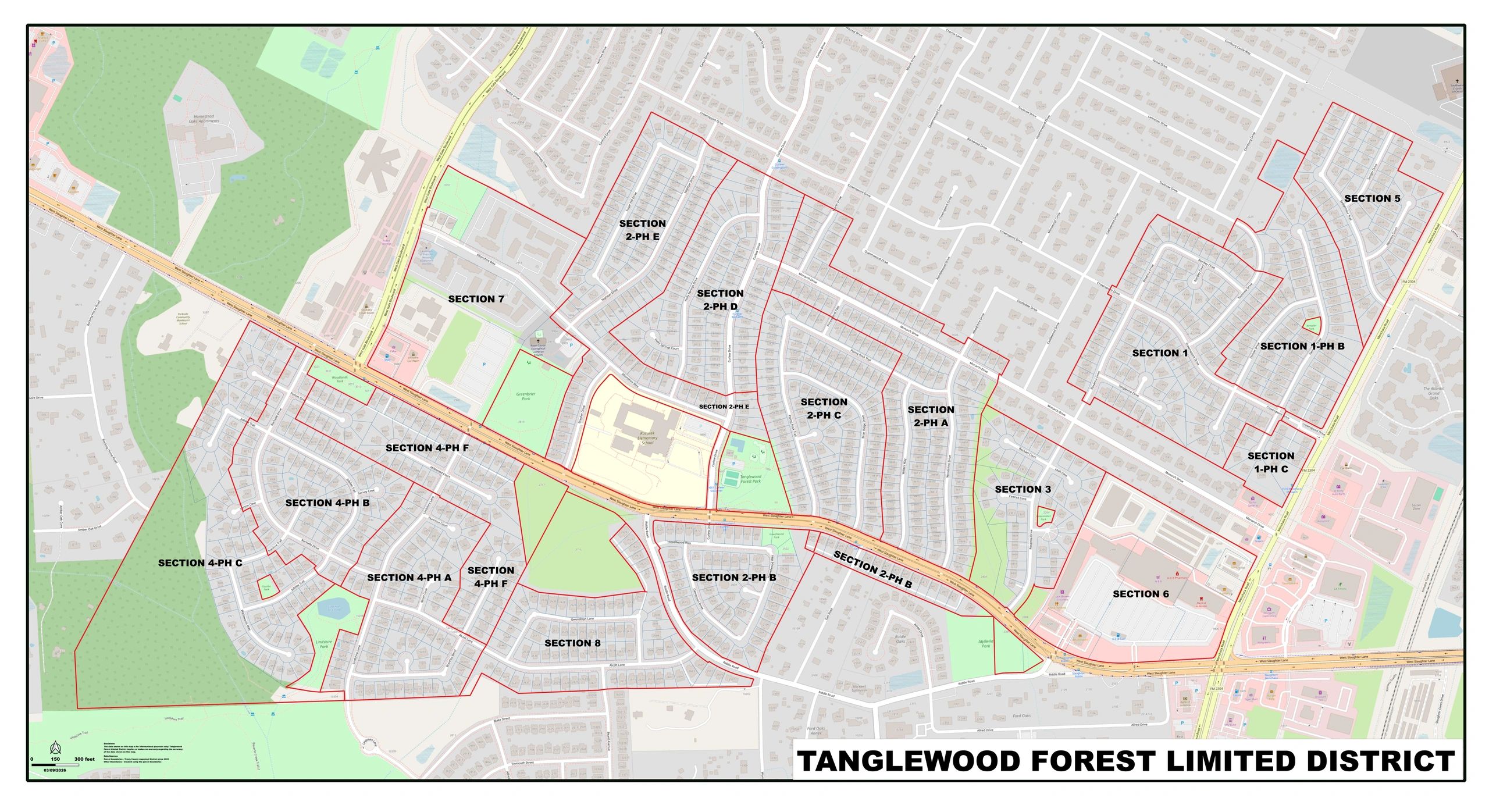 Map showing residential sections of Tanglewood Forest Limited District with labeled areas and parks.