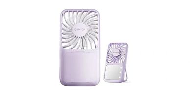 Two purple handheld fans, one with a mirror and LED lights.