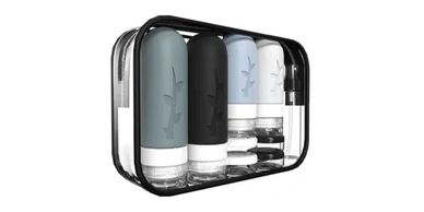 Transparent travel toiletry bag with four silicone travel bottles.