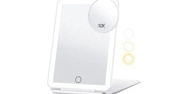 White LED lighted makeup mirror with 10X magnification and touch sensor.