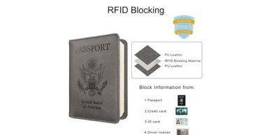 RFID blocking passport holder protects personal information from unauthorized scanning.
