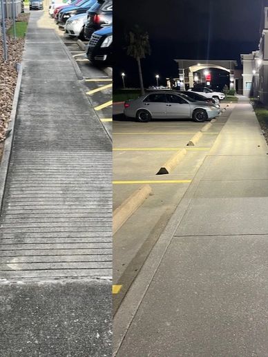 A before and after photo of a hotel sidewalk on a commercial pressure washing job in Texas City, Tx