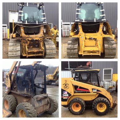 A before and after picture of two skid steers on we pressure washed in Texas City, Texas.