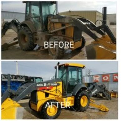 A before and after picture of a John Deer backhoe we pressure washed in Galveston, Texas.