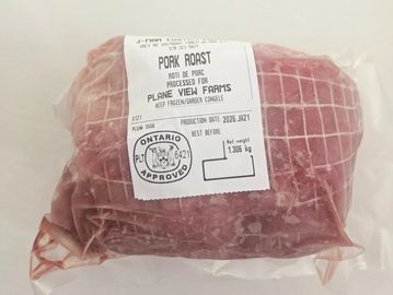 Vacuum-sealed pork roast labeled from Plane View Farms, Ontario approved.