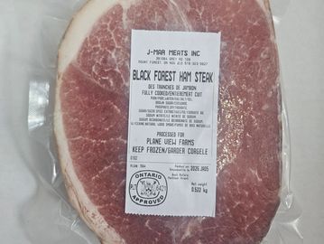 Vacuum-sealed Black Forest ham steak from J-Mar Meats Inc., weighing 0.522 kg.