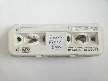 Egg carton labeled 'Farm Fresh Eggs' with a few visible brown and white eggs.