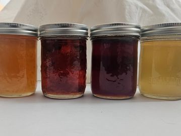 Four glass jars filled with different colored preserves or jams.