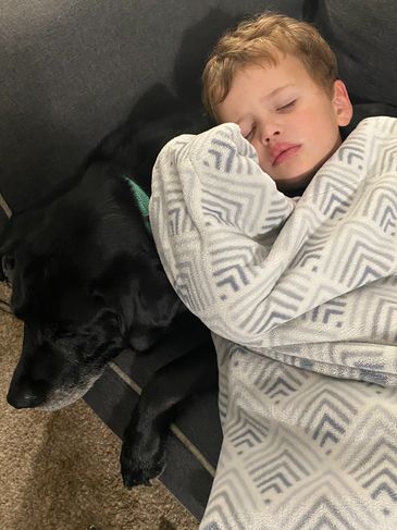 Young boy and black dog sleeping together on a couch.