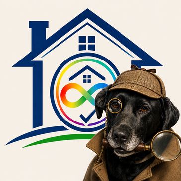 Black dog dressed as a detective with a magnifying glass and monocle.
