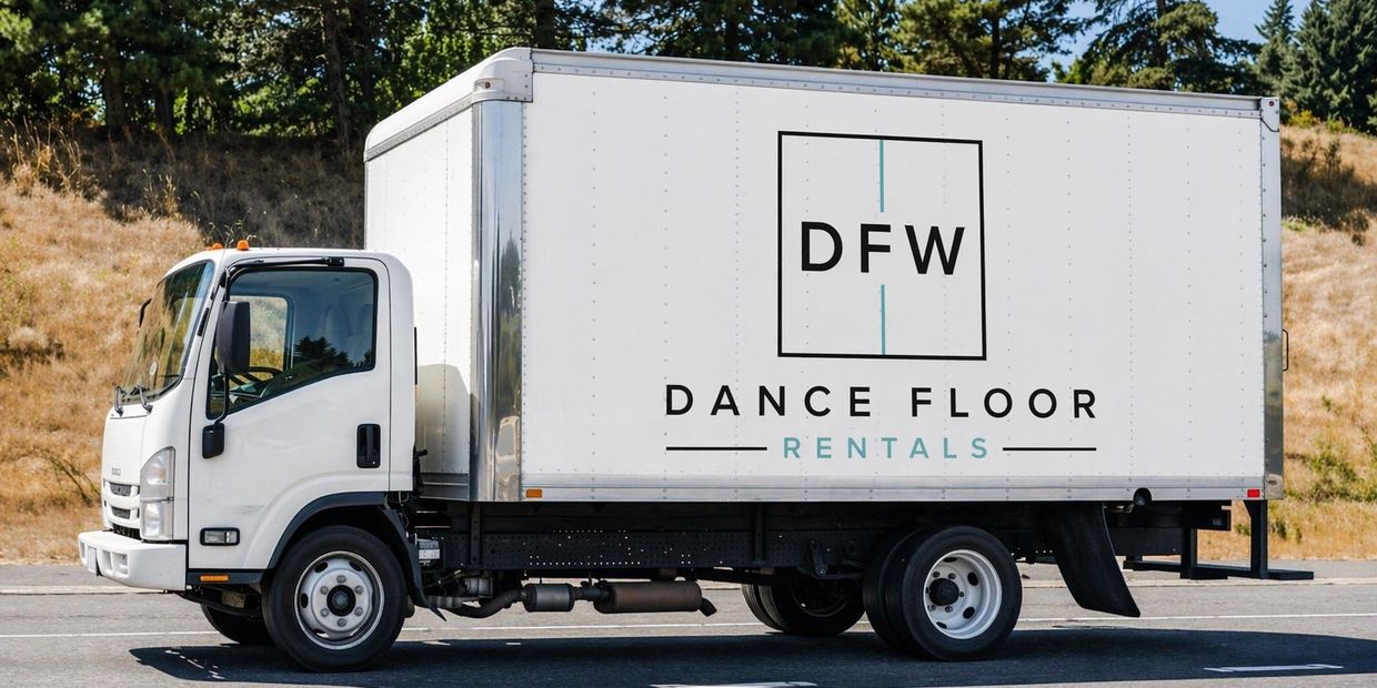 White rental truck with DFW Dance Floor Rentals logo on side.