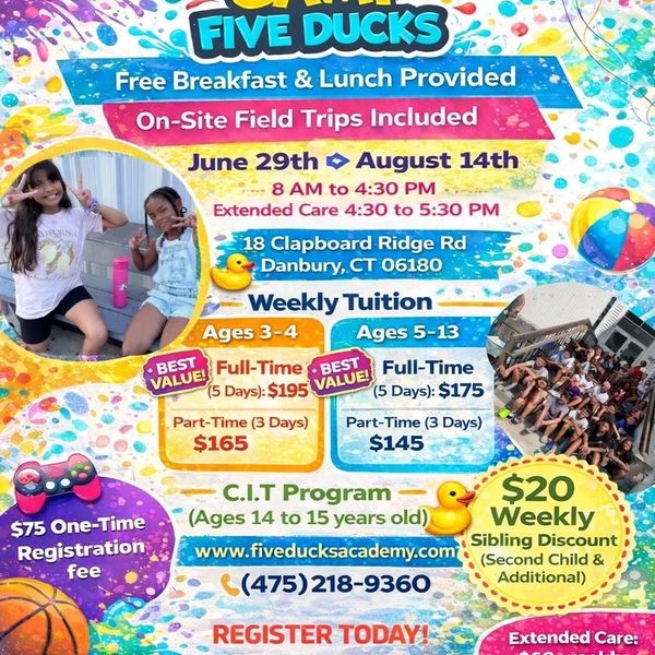 Colorful flyer for Five Ducks summer camp with tuition, dates, and contact info.