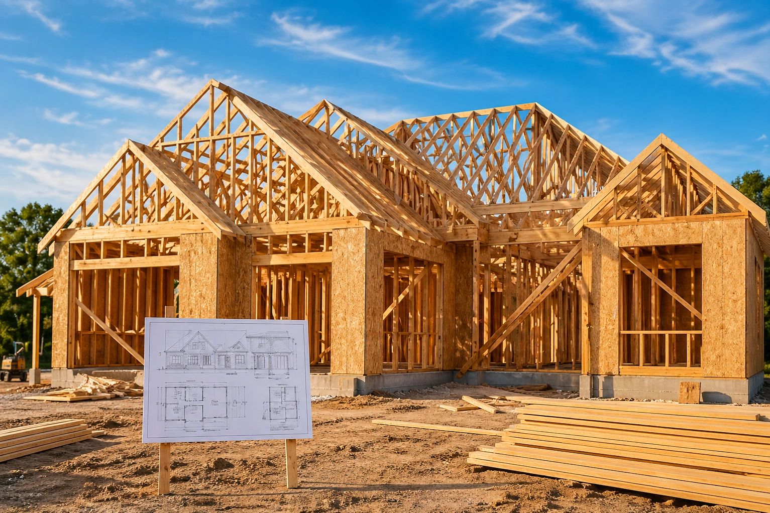 Wooden frame of a house under construction with blueprints in front.